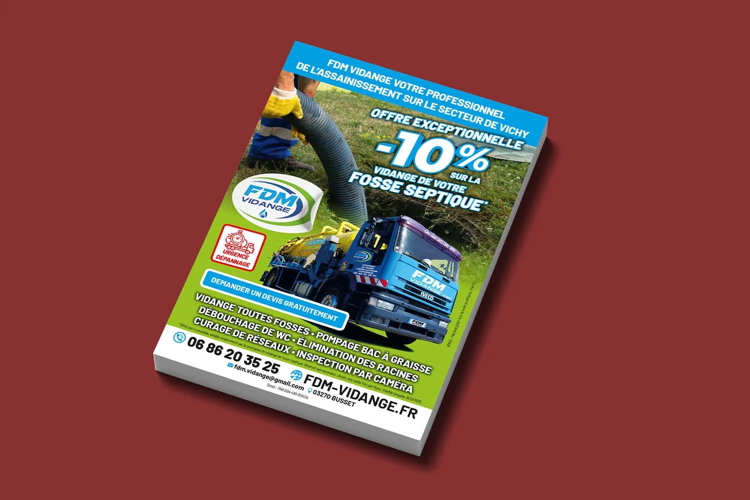 Création et impression du flyer personnalisé de FDM Vidange, spécialiste de l'assainissement dans l'Allier